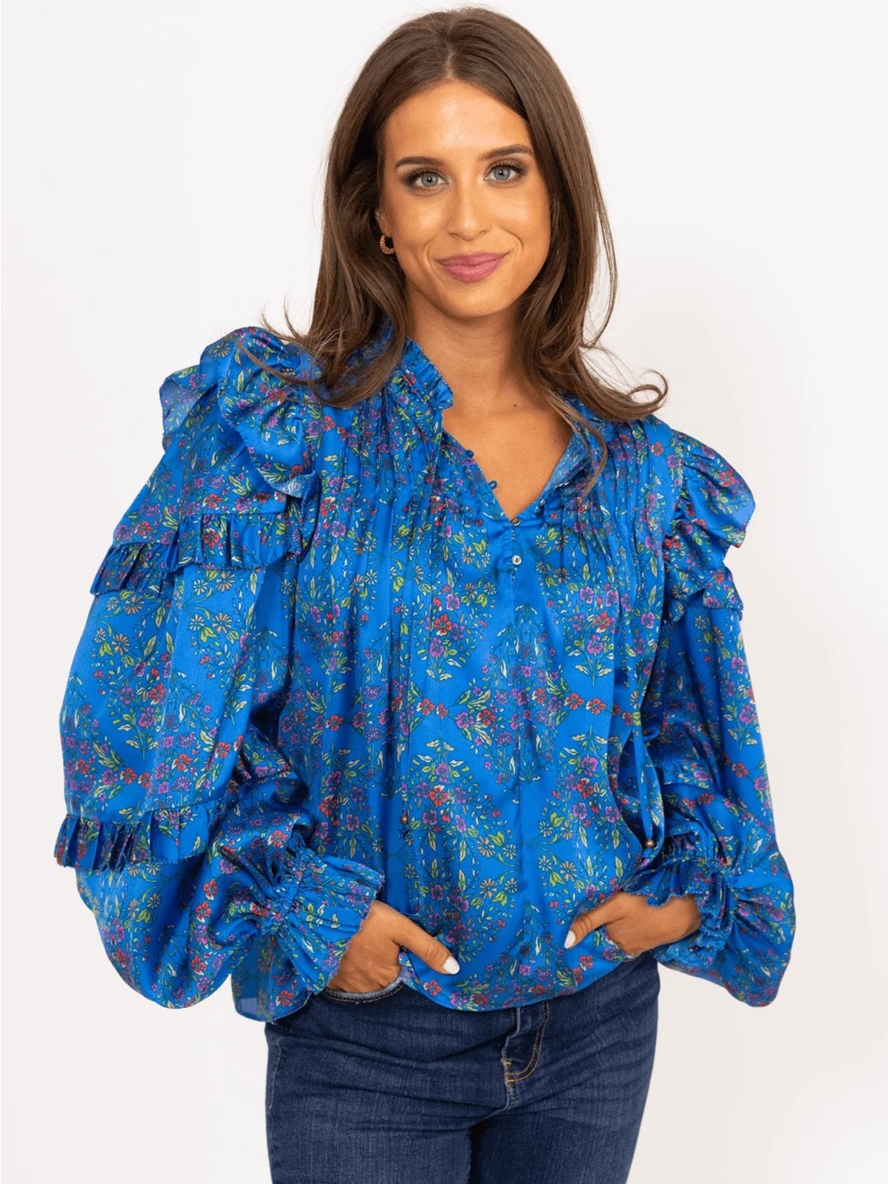 Karlie Blue Floral Boho Balloon Sleeve Blouse
